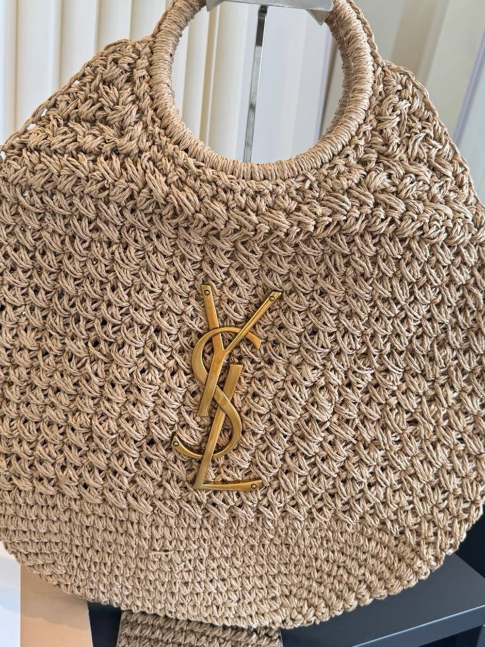 Beige Crochet Round Tote with Gold YSL Emblem